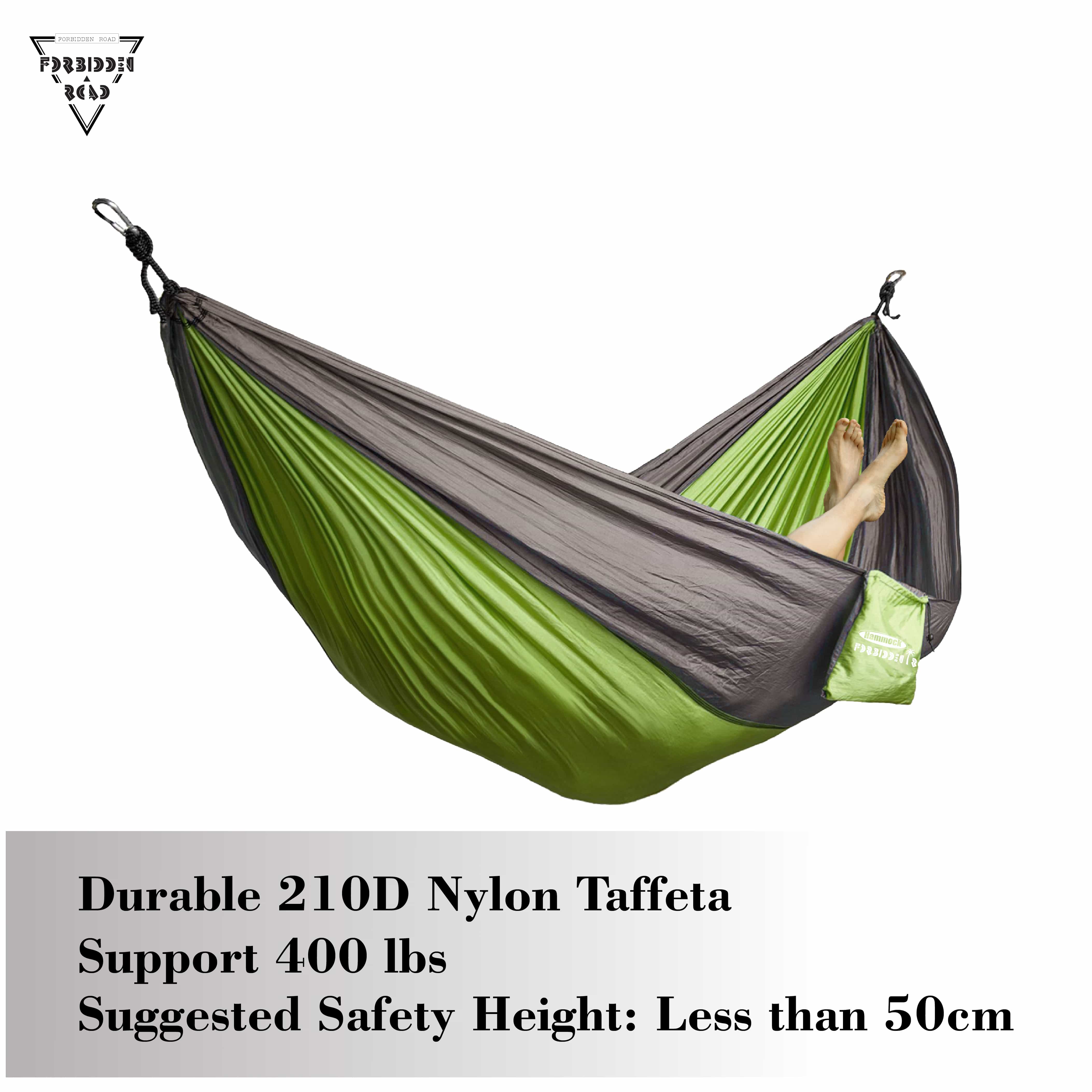 Buy Forbidden Road Single & Double Hammock for Camping Garden 210D Nylon  Support 500lbs Ropes Carabiners Included - Green Online from JBM Gear