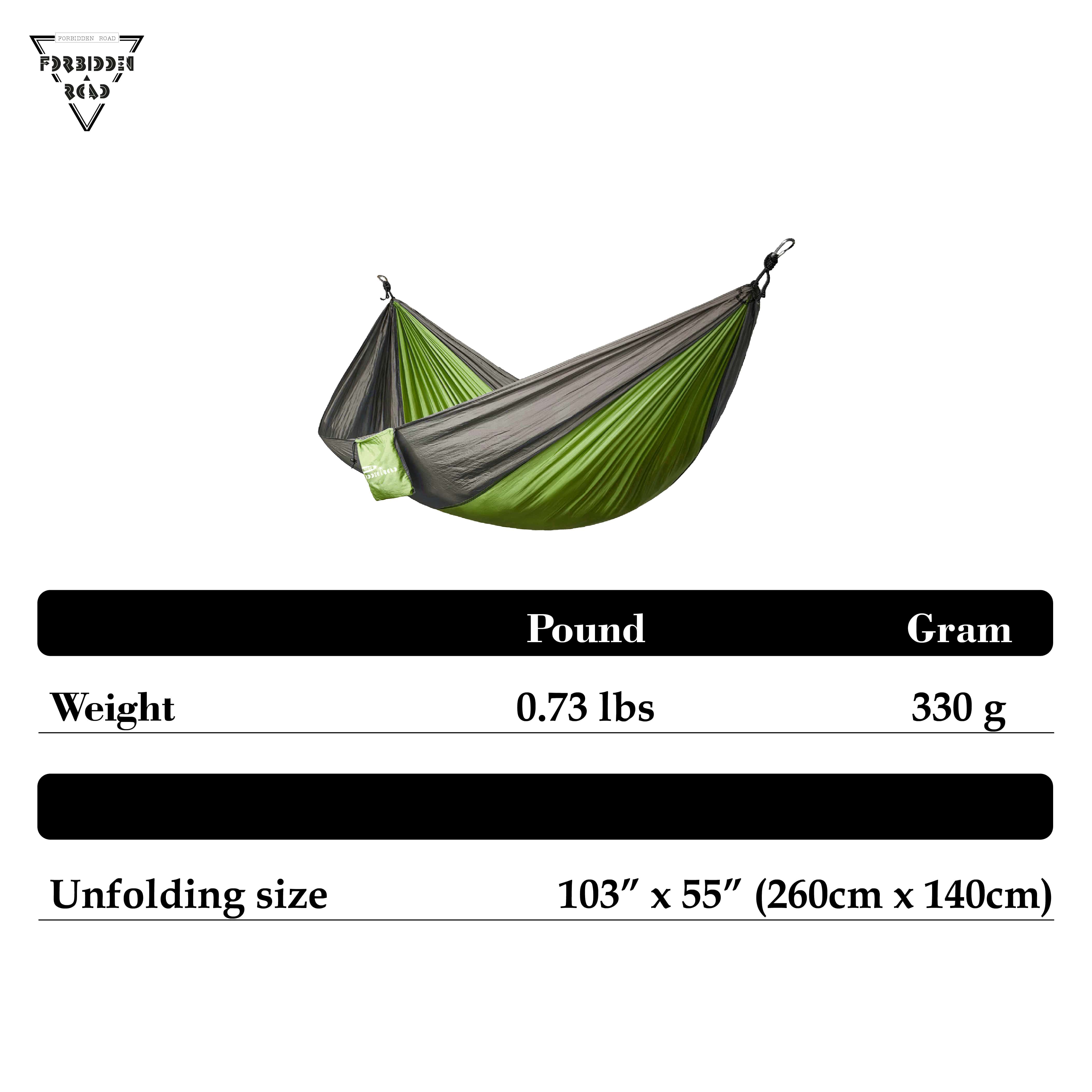 Buy Forbidden Road Single & Double Hammock for Camping Garden 210D Nylon  Support 500lbs Ropes Carabiners Included - Green Online from JBM Gear